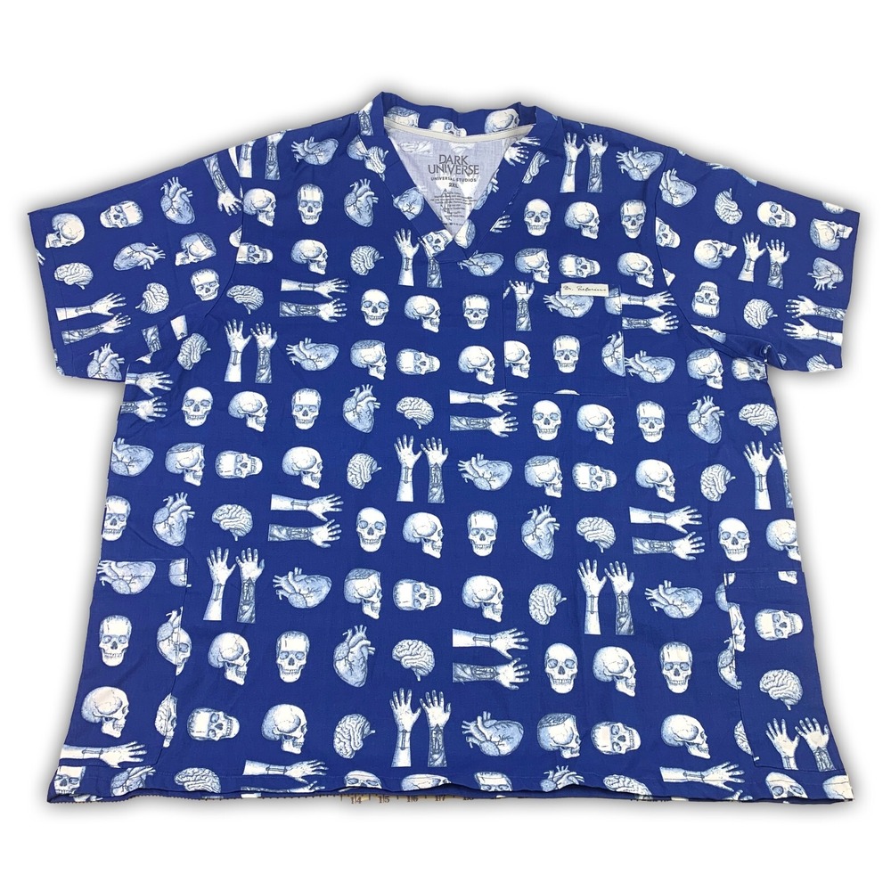 Universal Studios‎ Epic Dark Universe Dr Pretorious Scrub Top Sz 2X Blue Skulls